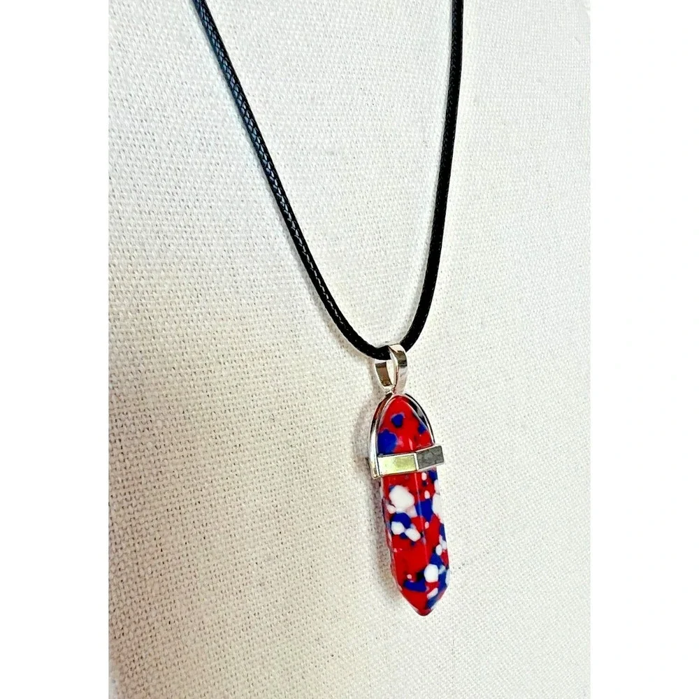 Red White Blue Stone Pendant Necklace Patriotic USA Americana Cord 250 Birthday‎